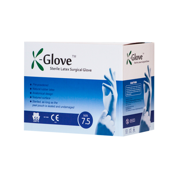 X-Glove Latex cərrahi pudralı əlcək-steril (qutu yan)